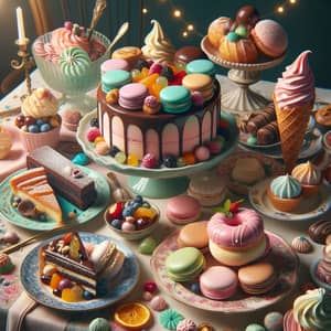 Dreamy Dessert Spread: Colorful Macarons, Chocolate Cake & More