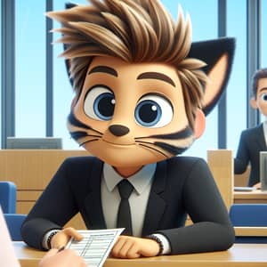 Animated Character in Bank Suit Helping Customer