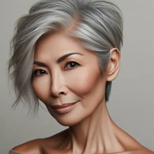 Stylish Silver-Gray Pixie Haircut for Older Asian Woman
