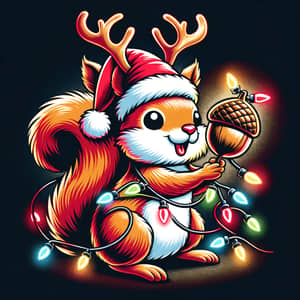 Holiday Squirrel Cartoon with Santa Hat & Reindeer Antlers