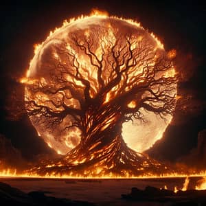 Giant Burning Tree & Moon: Spectacular Night Sky Display
