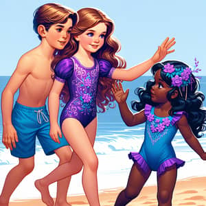 Beach Scene with Kids Waving - Fun Summer Moments