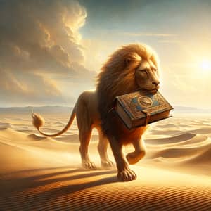 Majestic Lion Journeying Through Expansive Desert with Book