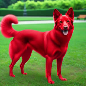 Vibrant Red Dog in a Lush Green Park | Outdoor Scene