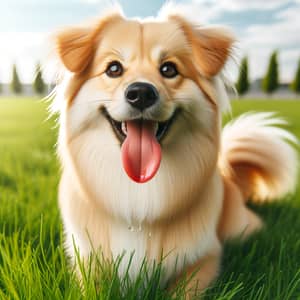 Happy Dog Sitting on Fresh Green Grass | Friendly Golden and White Dog