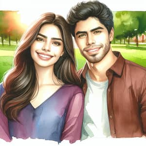 Young Hispanic Couple in Casual Attire - Watercolor Painting
