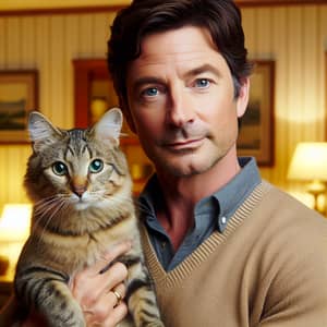 Middle-Aged Man Holding Tabby Cat in Stylish Living Room