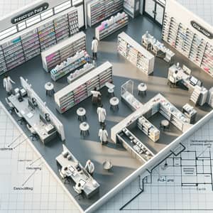 Pharmacy Interior Layout: Drop-off, Workstation, Filling, Consulting, Pick-up & Storage