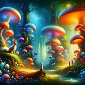Enchanted Forest with Glowing Mushrooms and Playful Creatures
