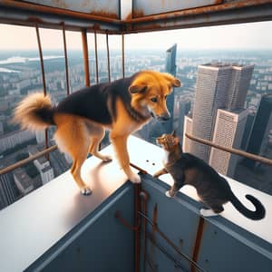 Playful Dog versus Cat on Skyscraper Rooftop