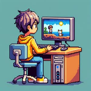 Pixel Art Person Playing Gaming PC