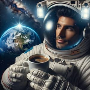 Hispanic Man in Space Suit Admiring Earth with Coffee in Hand