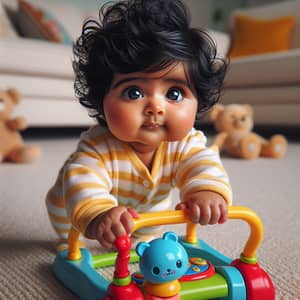 Adorable South Asian Baby Taking First Steps with Toy Walker