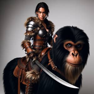 Fierce Hispanic Warrior Riding Monkey | Silver Sword in Hand