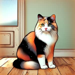 Adorable Calico Cat with Bright Green Eyes on Rustic Wood Floor