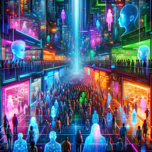 Futuristic Cyberpunk Shopping Mall with Diverse Virtual Shoppers