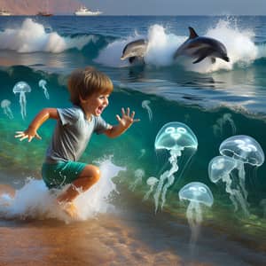 Young Slavic Boy Playing with Wave on Red Sea Shore