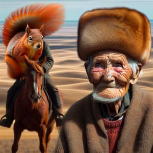 Elderly Man Riding Squirrel Fur Hat Horse - Autumn Landscape