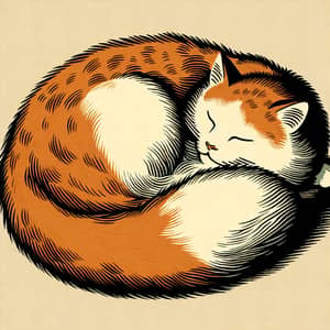 Japanese Vintage Drawing of Orange and White Cat Sleeping