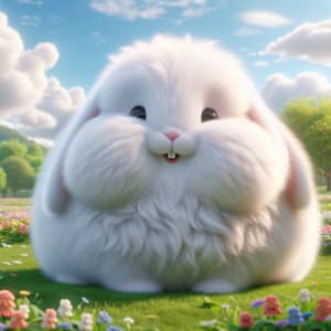 Cheerful Fat Rabbit | Lush Field & Blue Sky