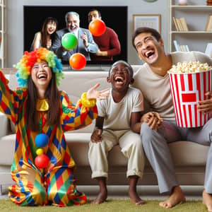 Humorous Clown Juggling Scene with Laughter and Amusement