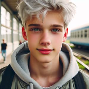 Cute 17-Year-Old Boy with White Hair and Green Eyes
