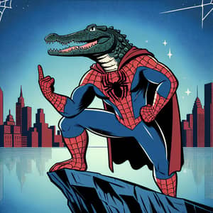 Crocodile Spiderman Hero Pose | Cityscape Sky Background