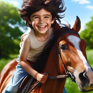 Joyful Middle-Eastern Boy Riding Chestnut Horse in Green Meadow