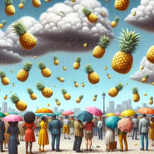 Whimsical Pineapple Rain Scene: Colorful Umbrellas and Diverse Crowd