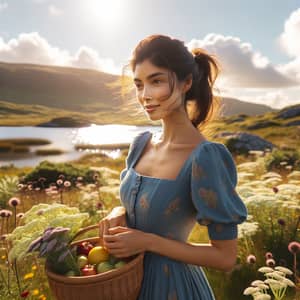 Tranquil South Asian Woman in Blue Dress with Basket in Sunlit Meadow