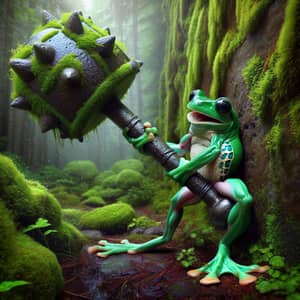 Determined Frog Pulling Out Medieval Mace | Enchanting Forest Scene