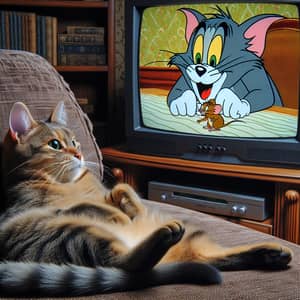 Cat Watching Classic Tom & Jerry Show on Plush Sofa