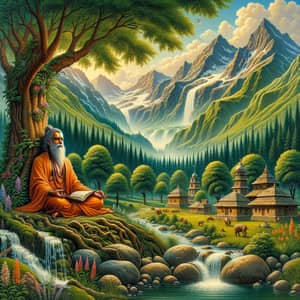 Hindu Sadhu Meditating in Nature - Tranquil Scene with Waterfalls