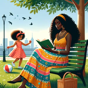 Black Woman in Colorful Summer Dress Reading Book with Middle-Eastern Girl Playing in Park