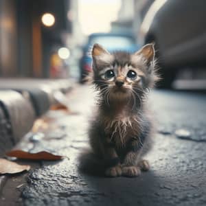 Sad Homeless Kitten Alone in Urban Setting - Heart-Wrenching Image