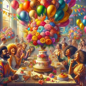Vibrant Birthday Party with Flower, Cake & Balloons