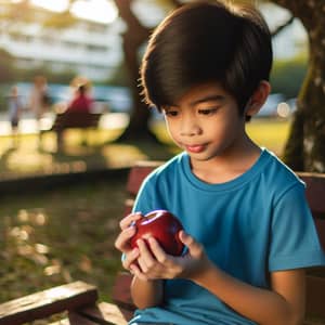 Young Filipino Boy Enjoying Fresh Apple in Park