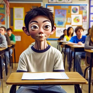 Unique School Scenario: Asian Student with Cartoon-like Features in Vibrant Class