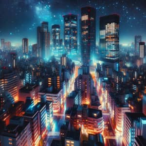 City Night: Sparkling Buildings, Neon Streets & Starlit Sky