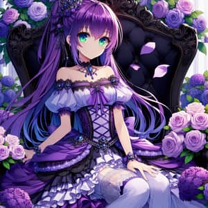 Purple-Haired Anime Girl on Black Throne Surrounded by Purple Roses