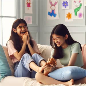 Laughing South Asian and East Asian Girls on Cozy Pastel-Colored Couch