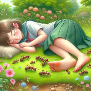 Middle-Eastern Girl Sleeping on Green Grass with Gentle Ants