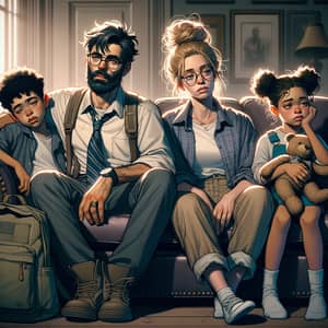Tired-Looking Diverse Family Relaxing in Cozy Living Room