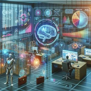 AI in Business: Futuristic ICT Environment with Holographic Charts and Robots