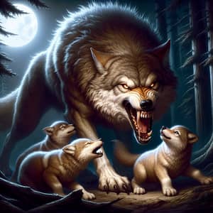 Fierce Wolf Protecting Pups in Moonlit Forest