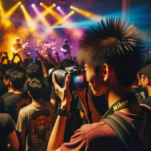 South Asian Male Capturing Rock Concert Moments with Nikon Camera