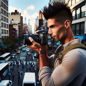 Hispanic Male Capturing Cityscape Moments with Nikon Camera