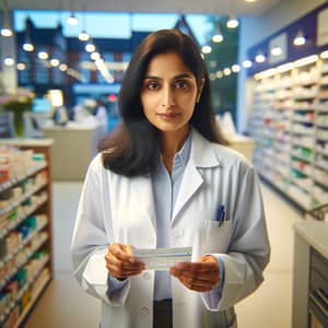 Middle-aged South Asian Female Pharmacist in London Pharmacy