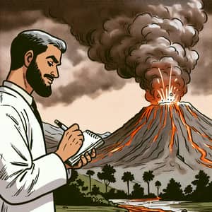 Scientist Studying Volcano Eruption - Educational Comic Panel