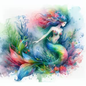 Whimsical Mermaid Illustration in Underwater Garden